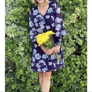 Cabi Ellery Dress Plum Purple Floral Side Zip V- Neck Size Small #4018